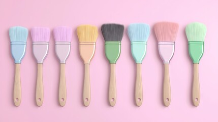 A delightful array of colorful paintbrushes arranged on a soft pink background for artistic expression and creativity