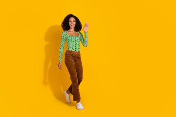 Charming young woman with curly hair wearing green top against vibrant yellow background, radiating happiness and style