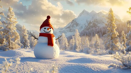 Playful snowman with carrot nose, coal buttons and cozy scarf resting in frosty forest. Winter memories and festive outdoor joy