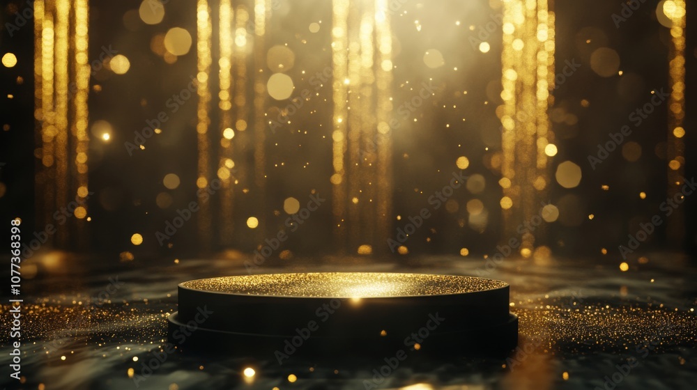 Poster A circular platform stands at the center, surrounded by a cascade of golden sparkles. The setting exudes a celebratory ambiance, perfect for an event filled with excitement and joy.