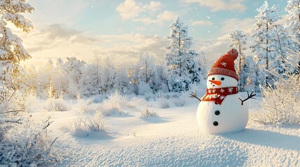 Obraz premium Charming snowman with carrot nose and twig arms dressed in scarf and hat. Seasonal outdoor fun and snowy day tradition