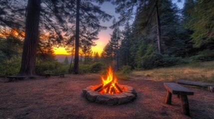 A serene campsite at sunset with a glowing campfire surrounded by tall trees.