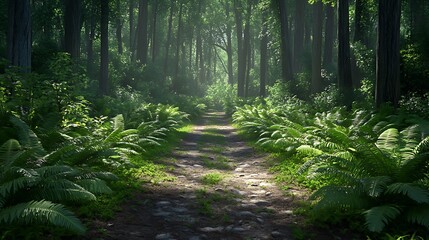 Obraz premium Sunlight illuminating lush green forest pathway with serene beauty picture