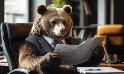 A bear headed CEO is intently reading detailed business strategy in modern office setting, showcasing unique blend of professionalism and whimsy