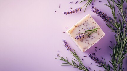 Lavender and rosemary soap with lavender sprigs and rosemary needles, isolated on a light lavender background