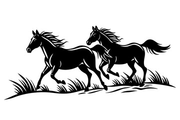 Wild Horses Galloping Across Open Plains Line Art Vector Illustration