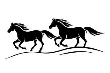 Wild Horses Galloping Across Open Plains Line Art Vector Illustration