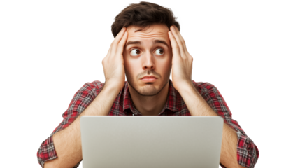 A young man sits at an open laptop. There is an emotion of confusion, fear, anxiety on the face. Deadline. Isolated on a transparent background.