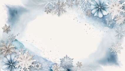 Winter snowflakes and ice flowers on watercolor background