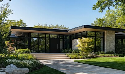Obraz premium A contemporary home facade with sleek black aluminum doors and expansive windows.