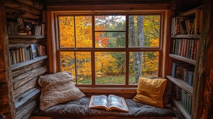 Cozy reading nook with autumn view outside.