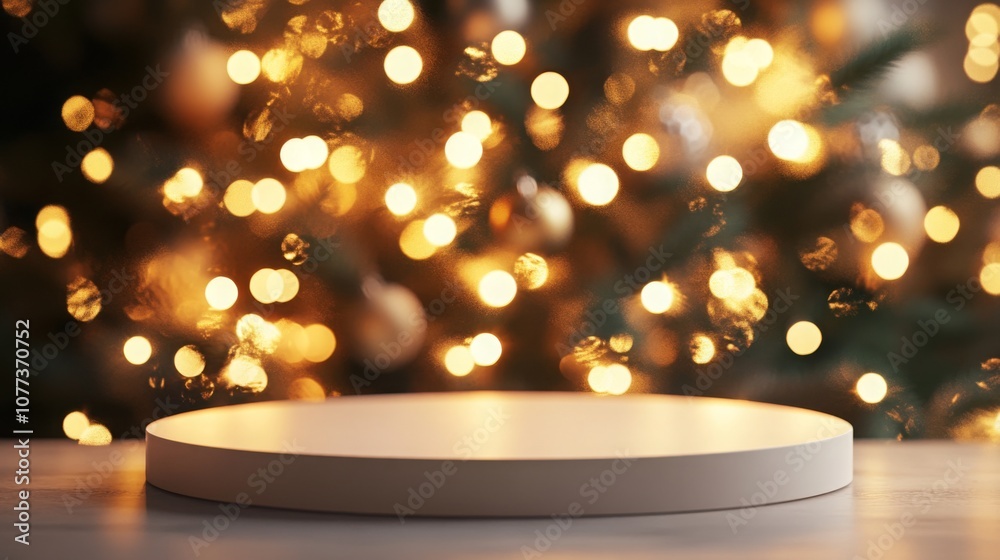 Poster a white pedestal sits on a wooden surface in front of a blurry background of a christmas tree with w