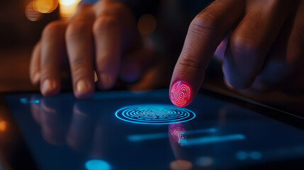 A businessperson using a fingerprint scanner to authenticate their digital signature on a tablet ensuring secure access.