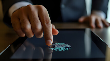A businessperson using a fingerprint scanner to authenticate their digital signature on a tablet ensuring secure access.