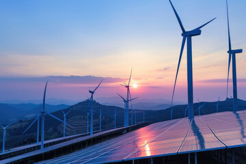 Wind turbines at sunrise with solar panels in foreground, generating sustainable energy under a colorful sky