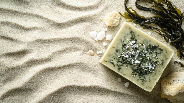 Seaweed and sea salt soap with flecks of green seaweed, isolated on a sandy-colored background