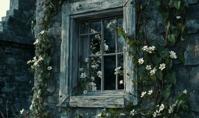A close-up view of a window frame in a ruined building with ivy and flowering vines entwined around it