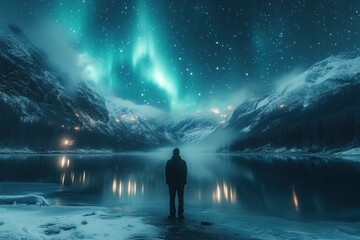 Obraz premium Man observing stunning northern lights reflecting in icy lake at night