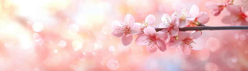 Obraz premium Delicate pink cherry blossoms bloom against a soft, blurred pastel background, perfect for spring-themed designs, invitations, or romantic visuals, evoking feelings of beauty and renewal,