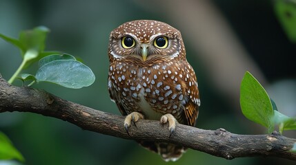 Obraz premium A small brown owl with white spots perches on a branch, looking directly at the camera.