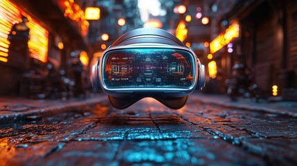 A futuristic, illuminated virtual reality headset rests on a gritty urban street, surrounded by vibrant neon lights.