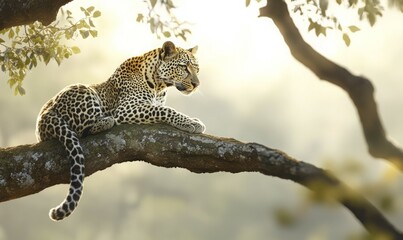 Fototapeta premium leopard perched on a tree branch shrouded in light mist, adding an ethereal quality to the scene