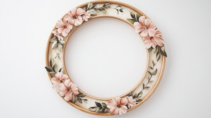 Fototapeta premium Elegant floral wreath with pink blossoms and green foliage on white background