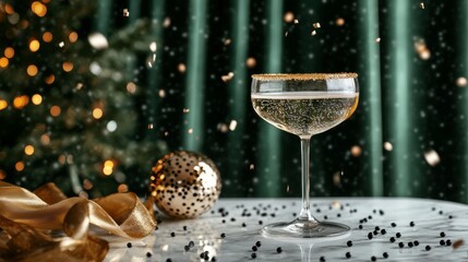 Elegant champagne cocktail served in a coupe glass against a green curtain background