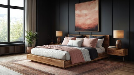 Elegant modern bedroom with wooden accents and soft lighting featuring a cozy atmosphere