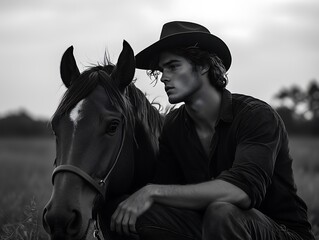 Obraz premium A thoughtful young Caucasian man in a hat sits beside a horse in a serene black and white setting.