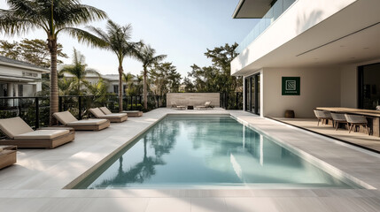 Fototapeta premium Modern outdoor swimming pool with sun loungers and dining area surrounded by palm trees at a luxury residential property