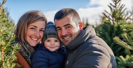 Fototapeta premium Family enjoying a winter outing at a Christmas tree farm