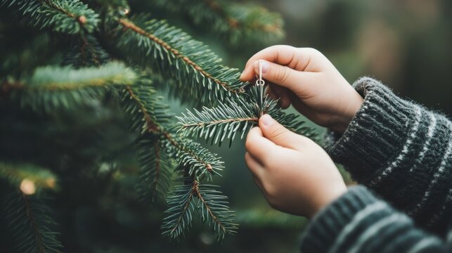 Child decorating a Christmas tree with ornaments in winter - Powered by Adobe
