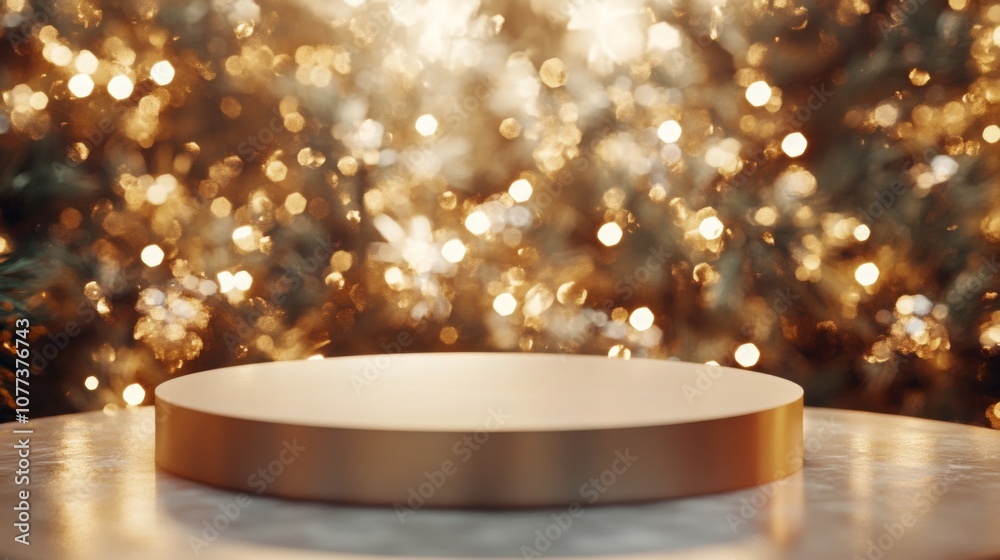 Poster the scene showcases a smooth, circular pedestal positioned in front of shimmering golden bokeh light