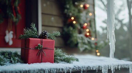 An elegant gift in red wrapping with a sprig of mistletoe, left on a porch decorated with icicles and pine garlands