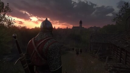 Obraz premium A lone knight stands with sword in hand, looking towards a village at sunset.