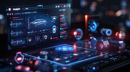 Obraz premium Futuristic interface with a car icon, security shields, and data visualizations.