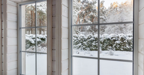 Home vinyl insulated windows with winter view of snowy trees and plants