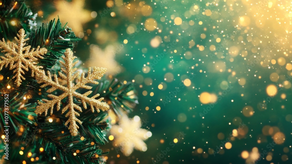 Poster a close-up shot of a christmas tree branch adorned with golden snowflake ornaments. the background i