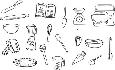 Fototapeta premium Collection illustrations pâtisserie cuisine robot fouet rouleau moule vecteur trait noir