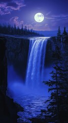 Mystical waterfall in a forest lit by moonlight