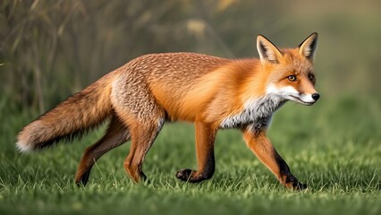 Obraz premium A red fox hunting in a field - A realistic scene of a red fox crouching in a field, with its fur detailed against the natural landscape. Capture the focus in its eyes and the movement of its body as i