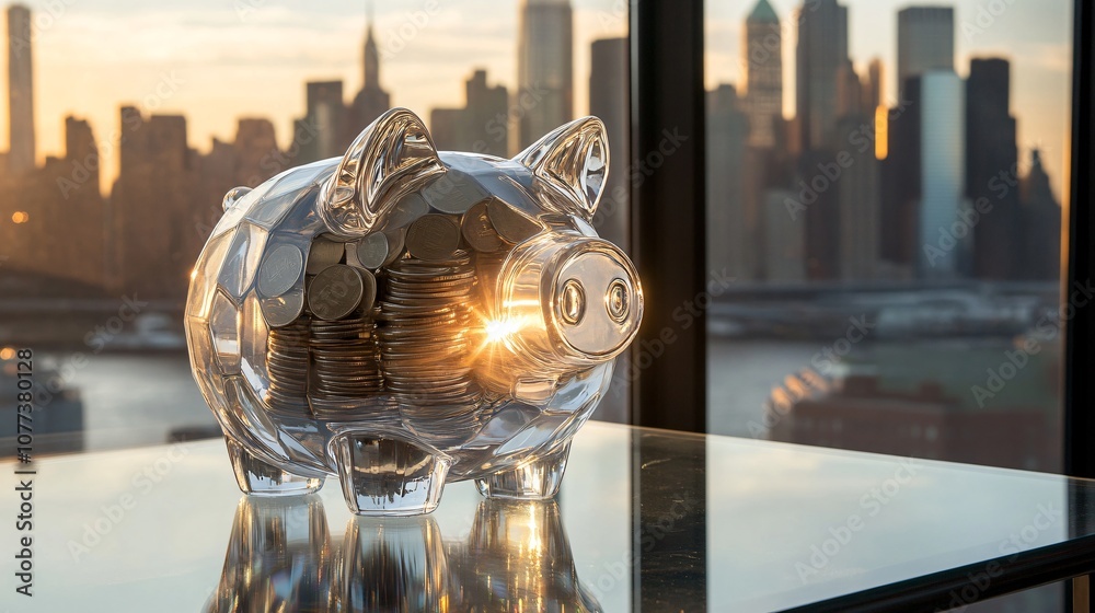 Poster Crystal piggy bank with coins inside, on a luxurious, reflective glass table with a city skyline visible through the window