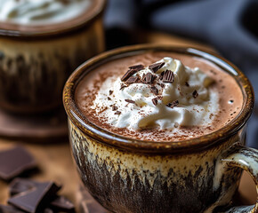 Cioccolata calda cremosa e vellutata" in a rustic ceramic mug.