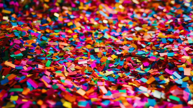 Colourful confetti and Christmas or New Year or Christmas tinsel abstract bright background. Tossing vivid paper confetti. Festive decor for holidays.