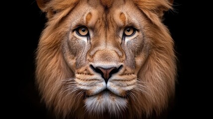 Fototapeta premium A majestic close-up of a lion's face with intense eyes and detailed fur, perfect for wildlife conservation campaigns, educational materials, or as a symbol of strength and courage,
