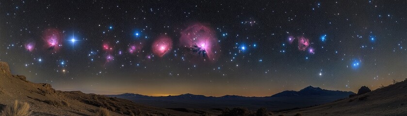 Obraz premium Amidst the infinite cosmos, a serene landscape invites reflection. Stars twinkle brilliantly in the night sky, offering a sense of peace and connection to the universe