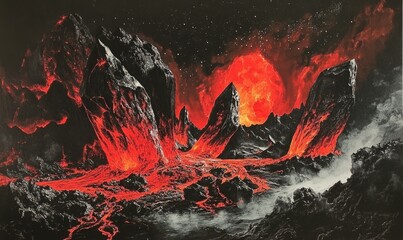 Fototapeta premium A dynamic depiction of a volcanic landscape with molten lava flowing between large black and red crystals, under a dark, starry sky