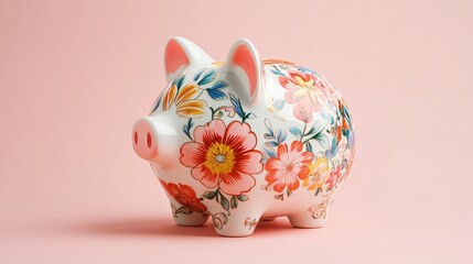 Porcelain piggy bank decorated with floral patterns, isolated on a soft pink background with a delicate touch