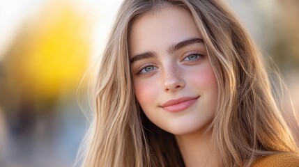 Naklejka premium A young woman with long, wavy hair and captivating blue eyes smiles gently, with a blurred colorful background suggesting a warm, inviting atmosphere, suitable for beauty, fashion